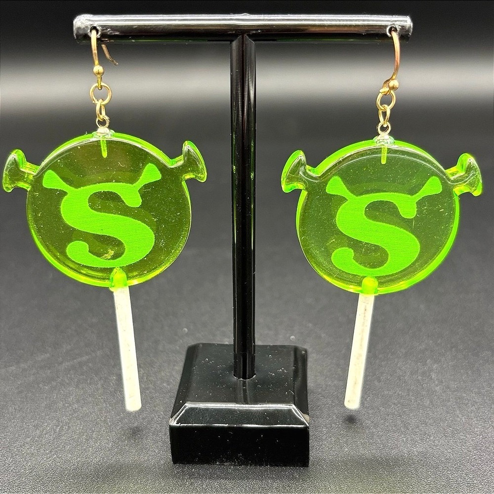 Vintage Signature "S" Shrek Green Lollipop Epoxy Resin Dangle Drop Earrings‎ Y2K